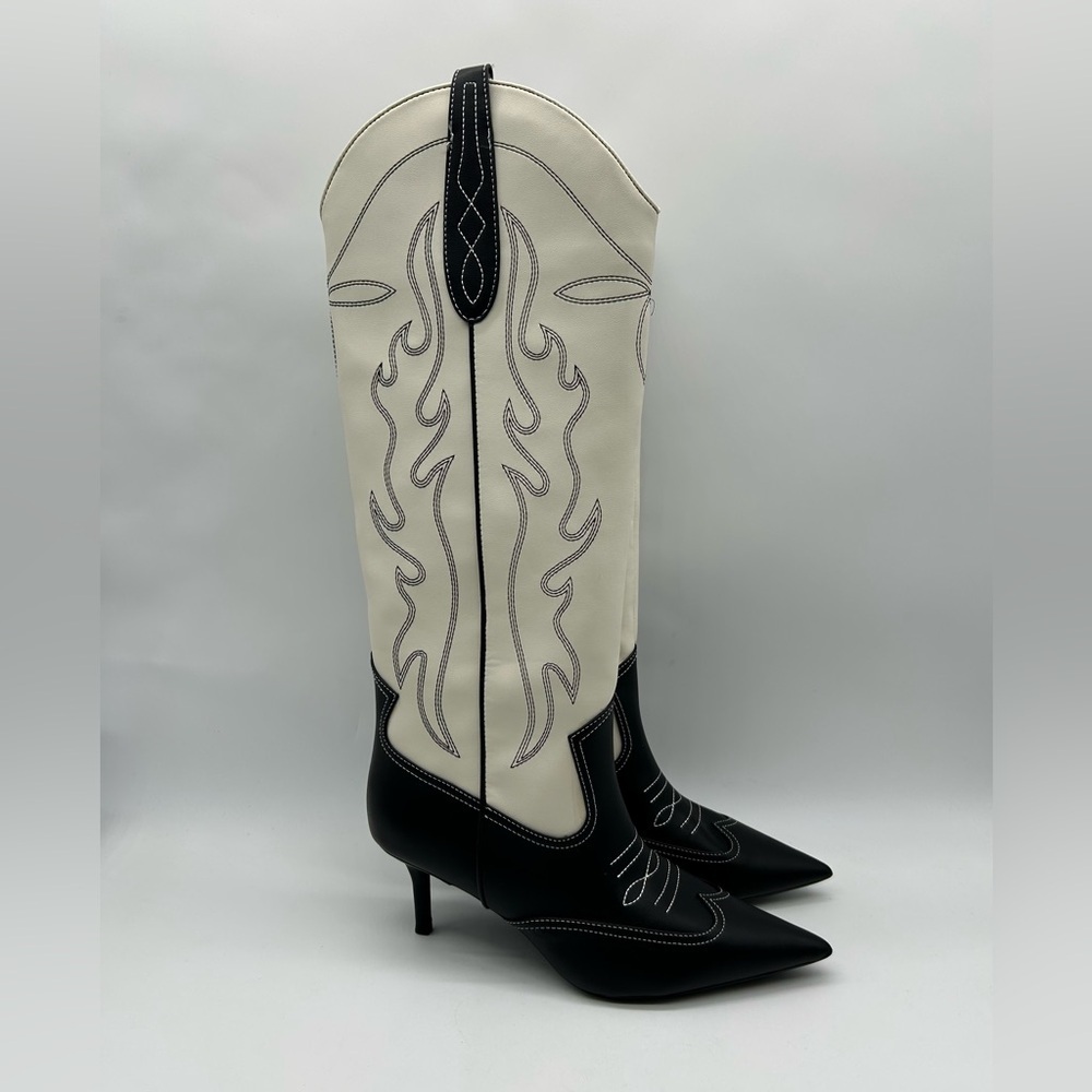 INC Hayleigh Knee-High Cowboy Vegan Boots | Black & Bone Size 7M | New With Box - Picture 4 of 11